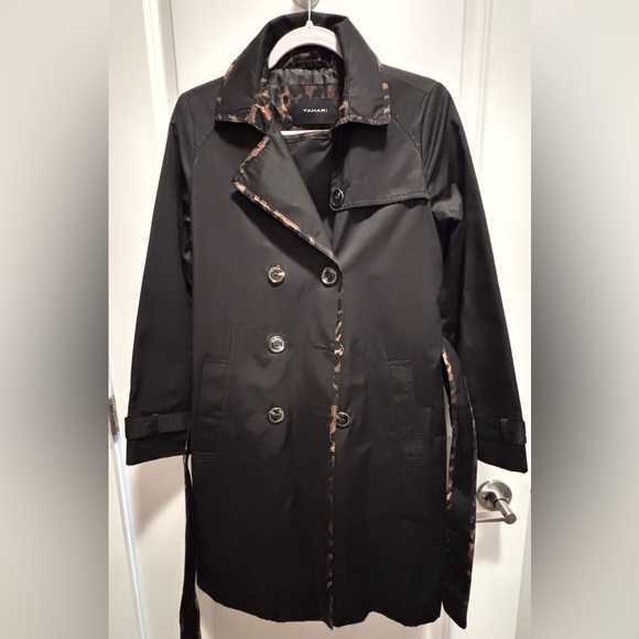 NWOT Tahari Double Breasted Trench Rain Jacket belted pockets animal print trim - Picture 7 of 12